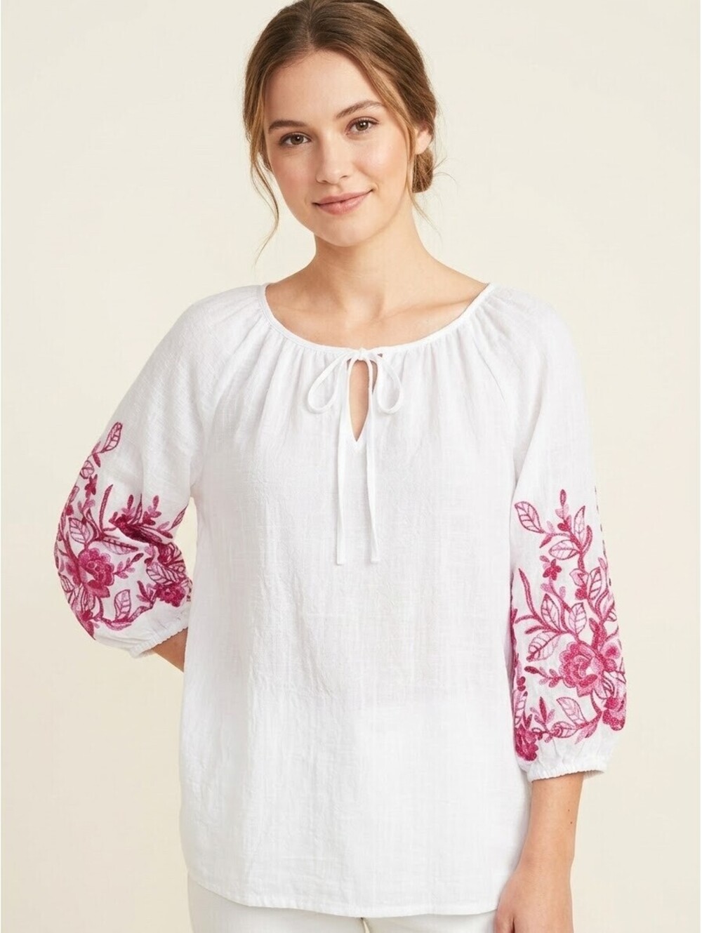 Olivia & Martin White Peasant Blouse with Pink Floral Embroidery